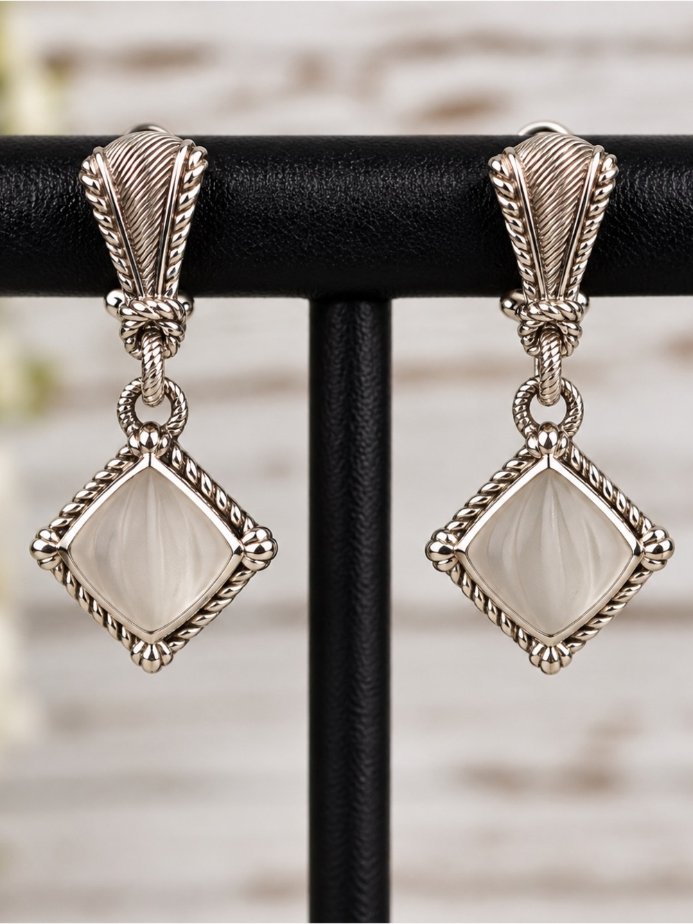 Rare Judith Ripka Sterling Silver Sandblasted Glass Drop Earrings